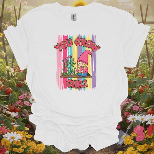 White tshirt showing you grow girl cute female gnome gardener for gardening enthusiasts