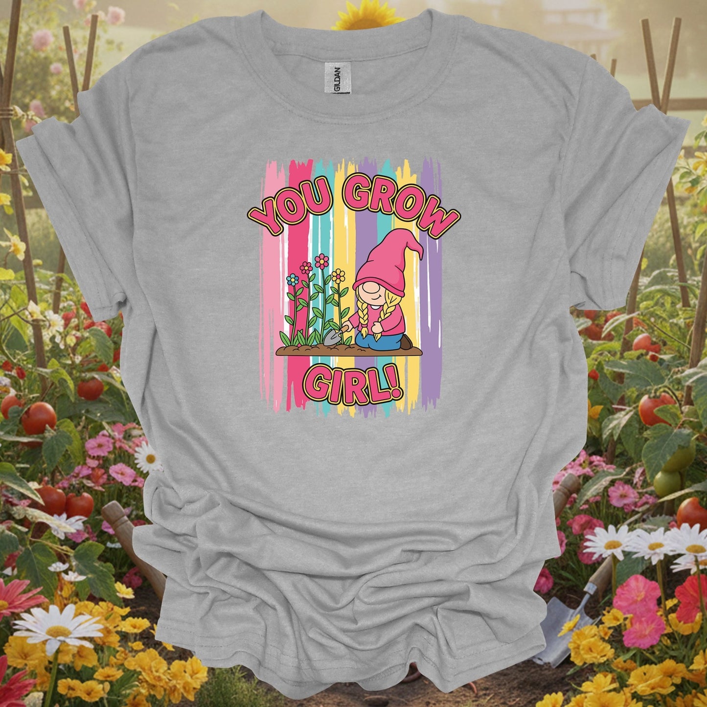 Sport Grey tee showing you grow girl cute female gnome gardener for garden hobbyists