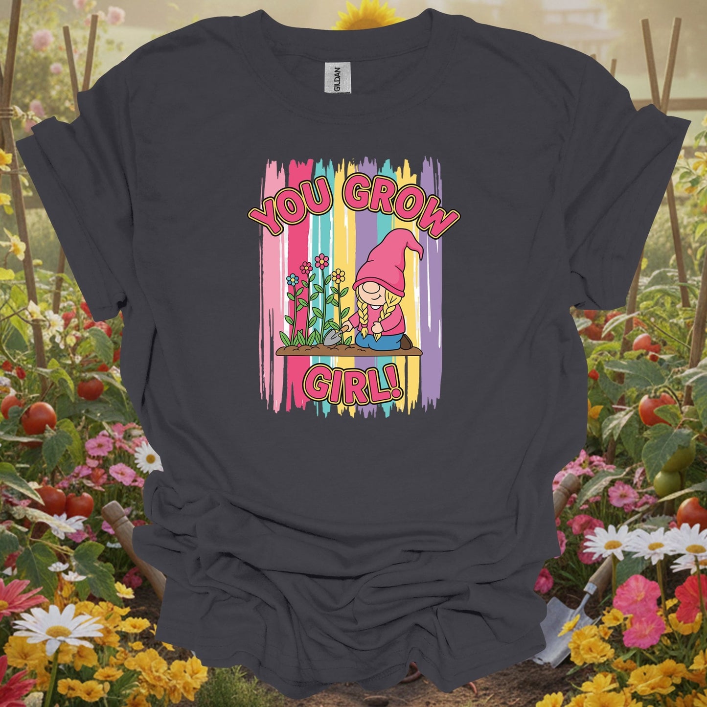 Charcoal tee showing you grow girl cute female gnome gardener for plant lovers