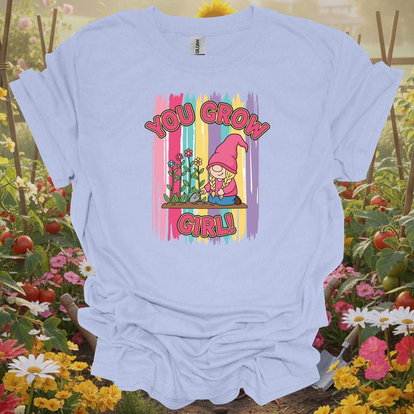 Light Blue shirt showing you grow girl cute female gnome gardener for home gardeners