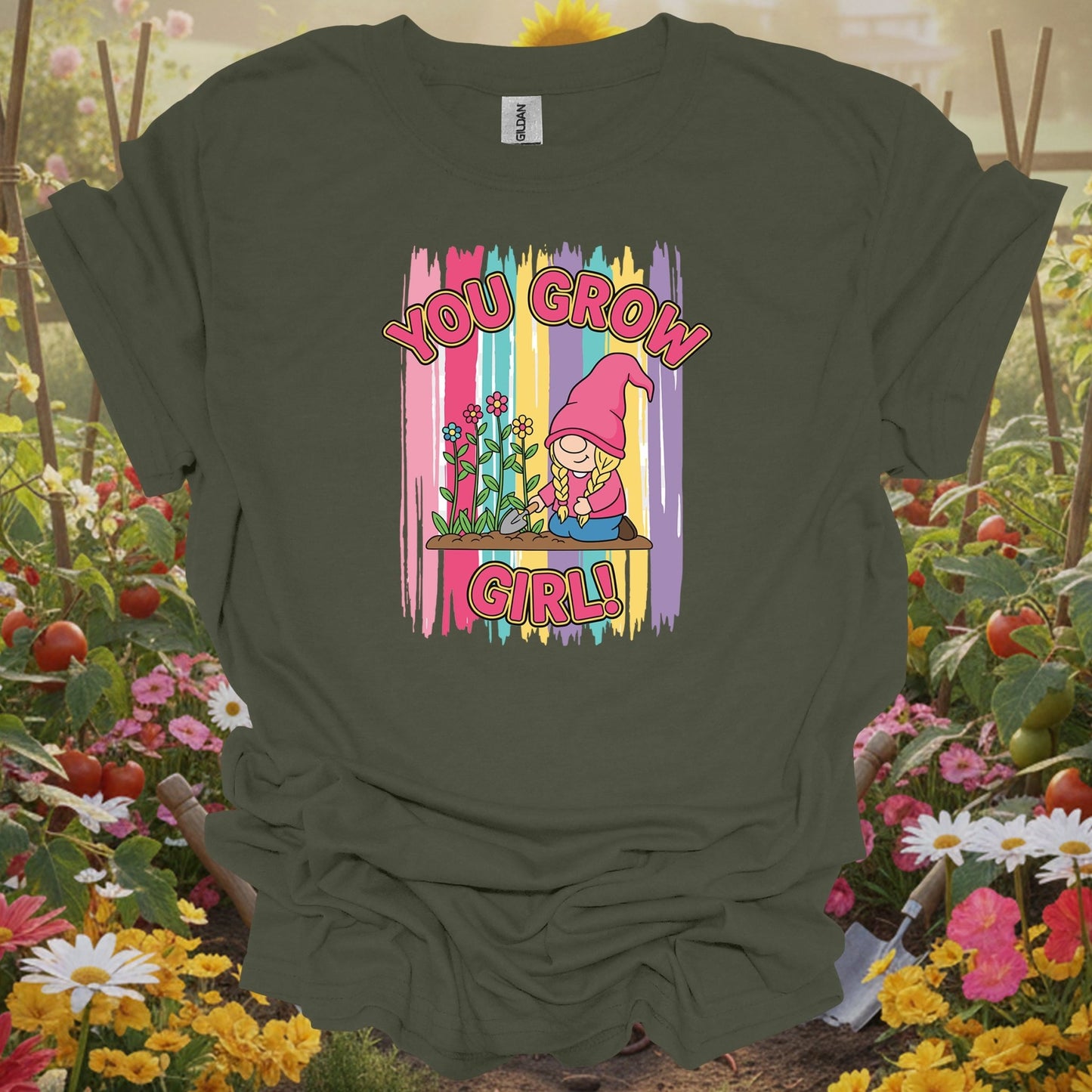 Military Green top showing you grow girl cute female gnome gardener for nature lovers