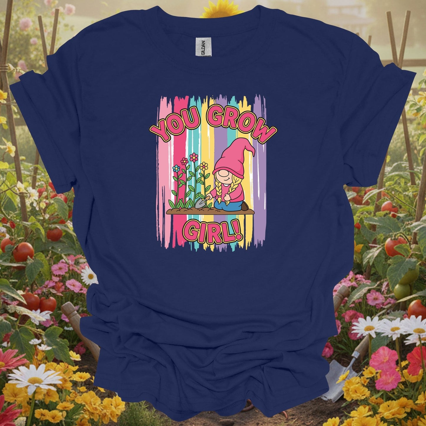 Navy top showing you grow girl cute female gnome gardener for green thumb folks