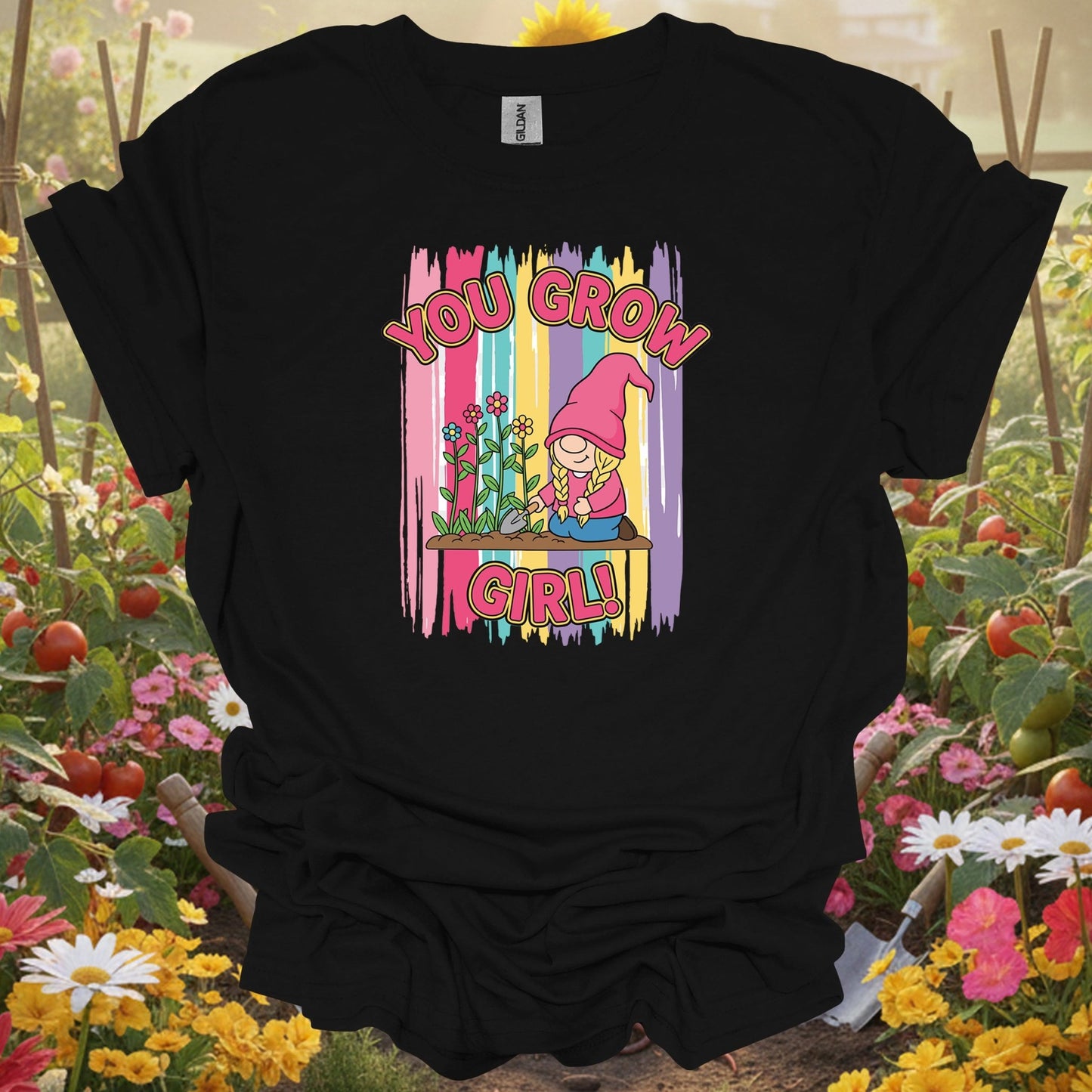 Black shirt showing you grow girl cute female gnome gardener for outdoor enthusiasts