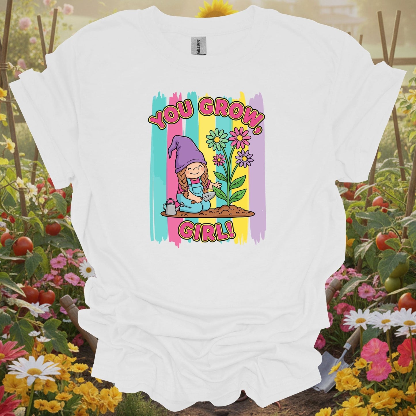 White tee showing you grow girl cute girl gnome gardener for wholesome plant parents