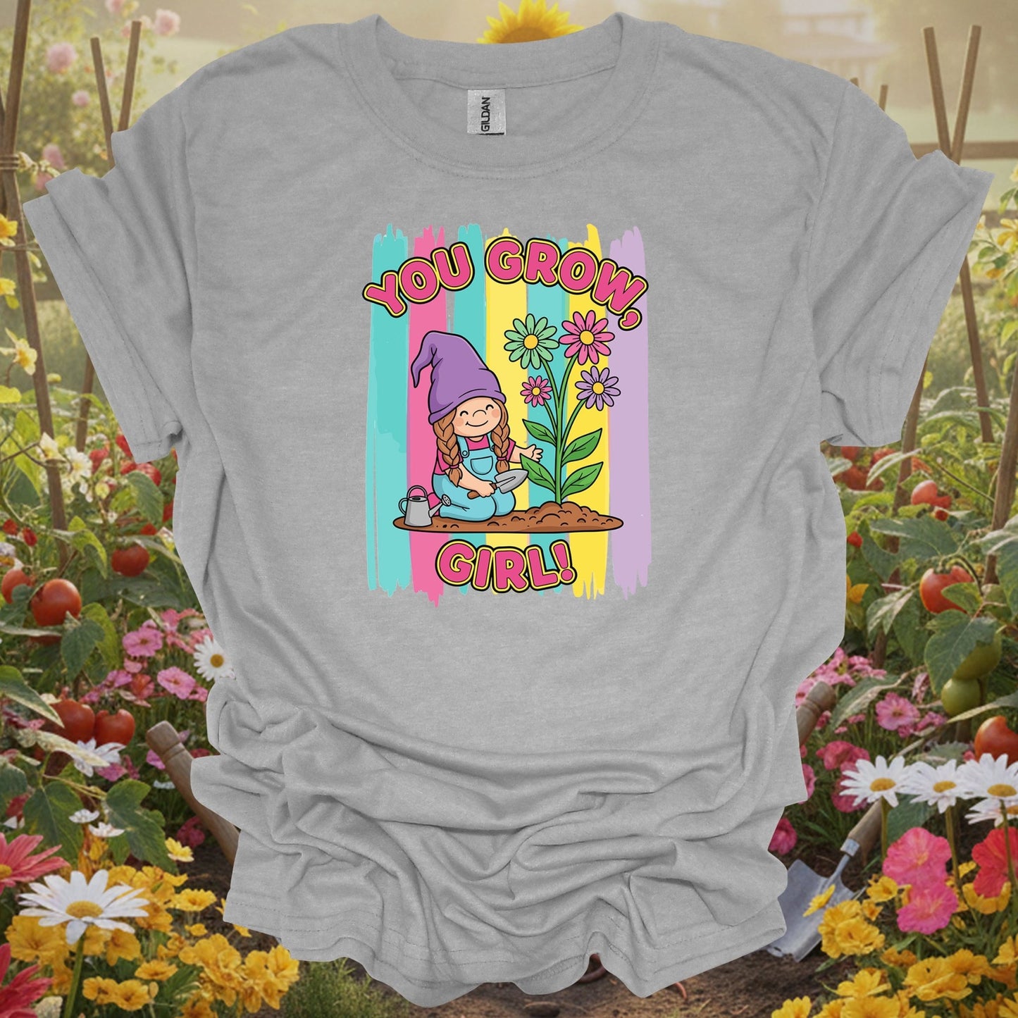 Sport gray tshirt showing you grow girl cute girl gnome gardener for kawaii fans