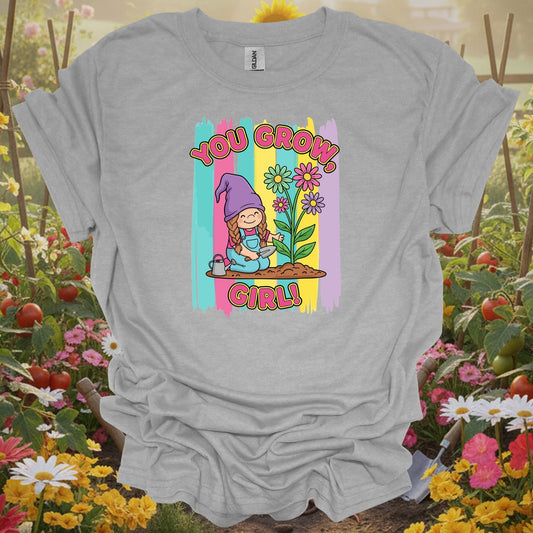Sport gray tshirt showing you grow girl cute girl gnome gardener for kawaii fans