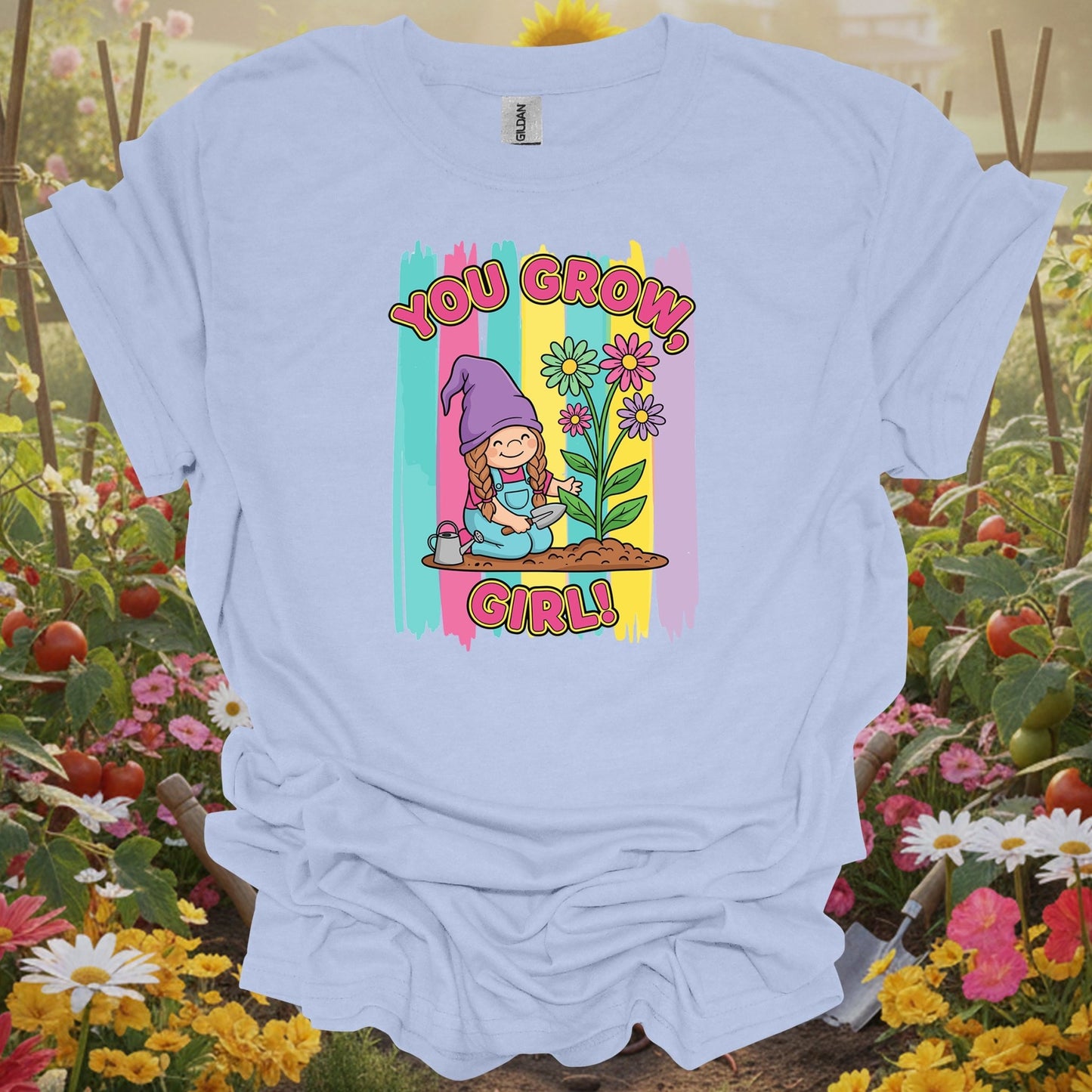 Light Blue shirt showing you grow girl cute girl gnome gardener for adorable aesthetic enthusiasts