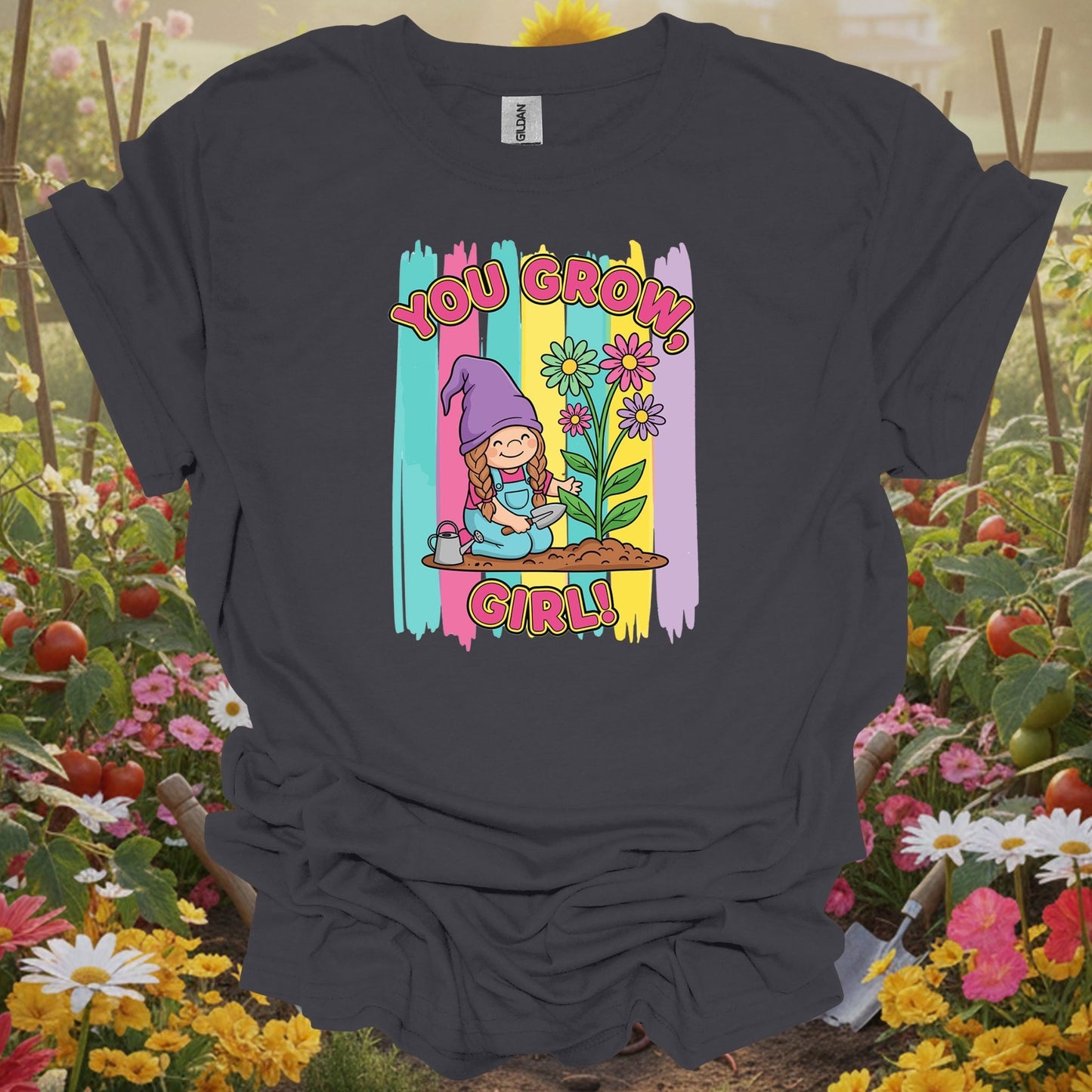 Charcoal tee showing you grow girl cute girl gnome gardener for cute design lovers