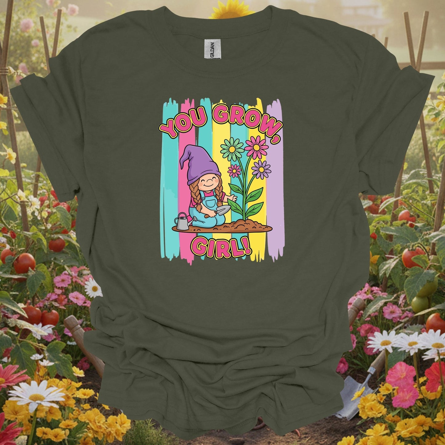 Military Green top showing you grow girl cute girl gnome gardener for folks who appreciate kawaii art