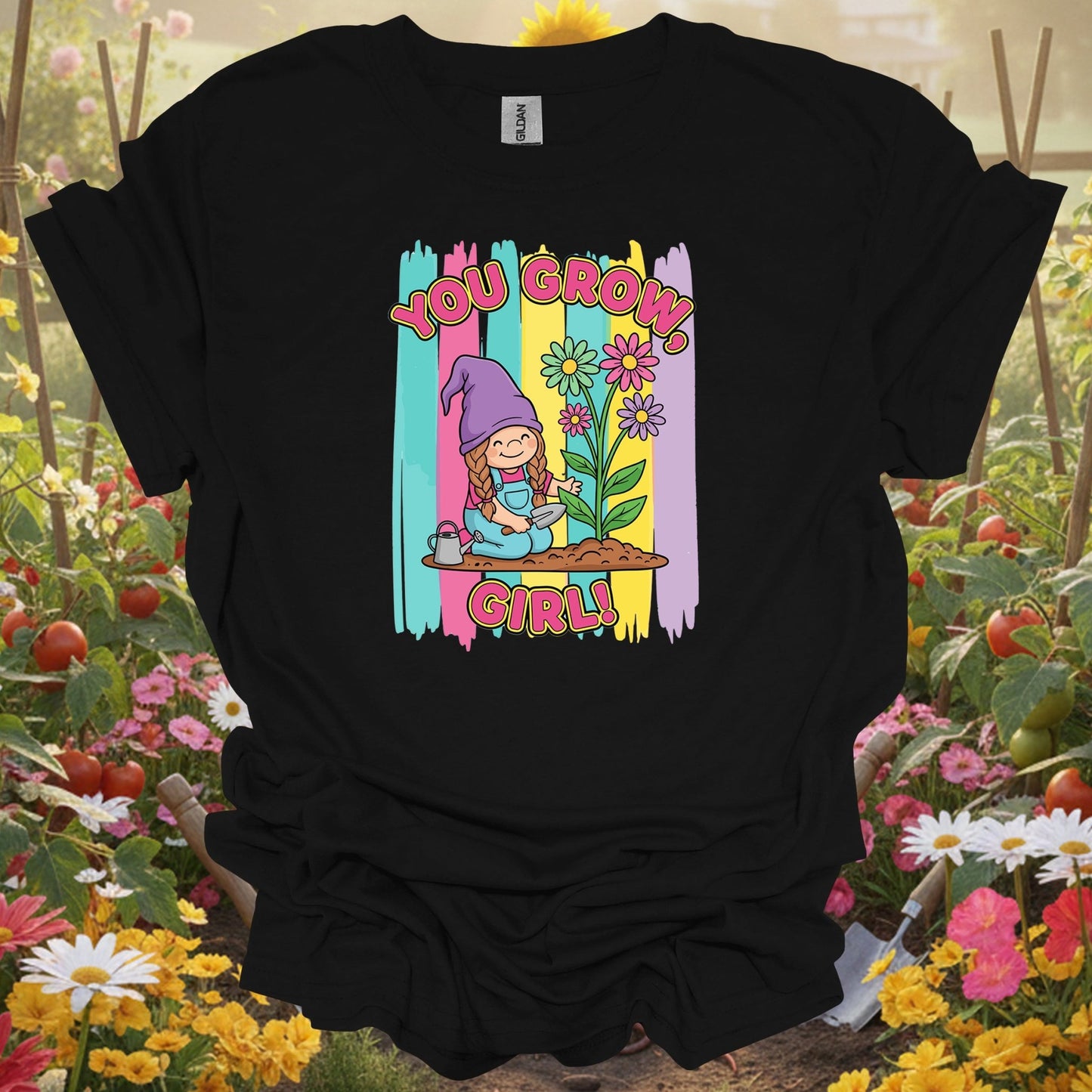 Black shirt showing you grow girl cute girl gnome gardener for cheerful growers