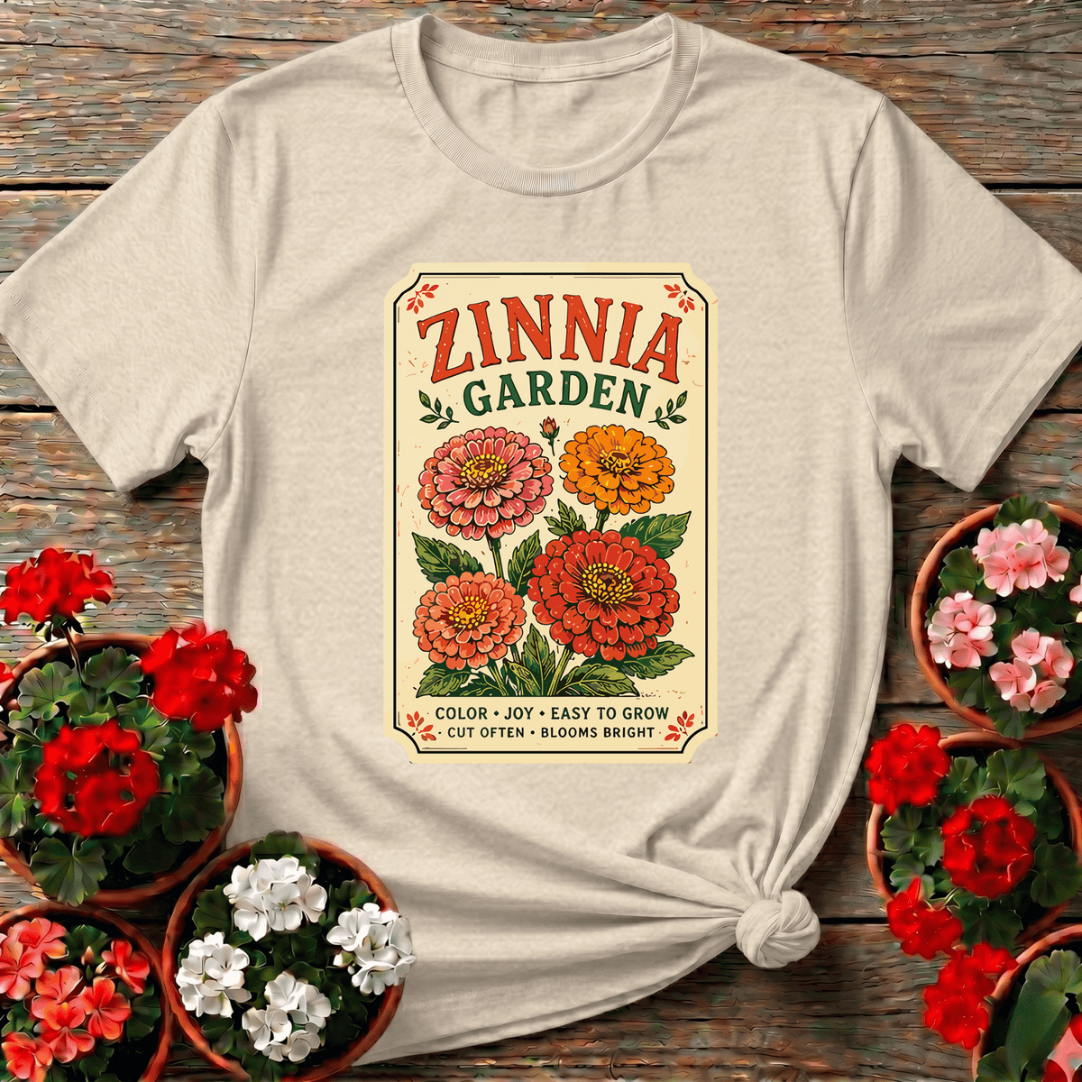 Zinnia Garden Seed Packet Vintage Floral Gardening T-Shirt - GardeningTshirts