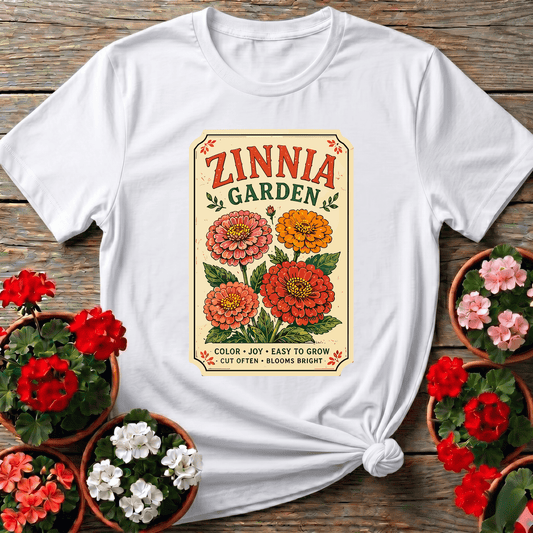 Zinnia Garden Seed Packet Vintage Floral Gardening T-Shirt - GardeningTshirts